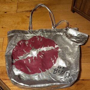 Vintage Betsey Johnson Im A Survivor Metallic Silver Tote with Bold Pink Lips